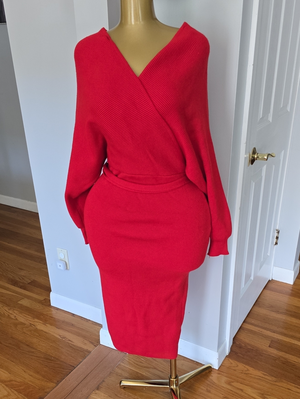 Forever 21 Red Ribbed Wrap-Front Midi Dress